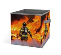 HETVBNS Firefighter Fireman Flame Storage Bins 10.6 Inch, Oxford Fabric Foldable Storage Cube Organizer Basket with Handles, Fabric Bins for Closet Shelves, Toys, Clothes, Books, Bedroom