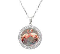 HETVBNS - Flamingo and Flower Necklace, Alloy Round Pendant with Diamond, Elegant Pendant Necklace for Women Men, Una talla, Metal, Alloy.