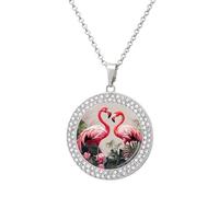 HETVBNS - Flamingo Birds Necklace on Background, Alloy Round Pendant with Diamond, Elegant Pendant Necklace for Women Men, Una talla, Metal, Alloy.