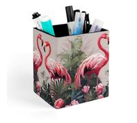 HETVBNS Flamingo Birds on Background Pen Holder for Desk - PU Leather Square Desk Organizer Travel Makeup Brush Storage Stylish Pencil Holder Desktop Stationery Organizer for Office & Home