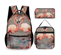 HETVBNS Flamingos And Flowers Backpack Set 3 Piece, Durable Backpack Insulated Lunch Bag Portable Pencil Case for Men Women