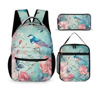 HETVBNS Flower And Bird Style Backpack Set 3 Piece, Durable Backpack Insulated Lunch Bag Portable Pencil Case for Men Women