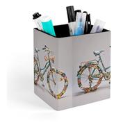 HETVBNS Flower Bicycle Pen Holder for Desk - PU Leather Square Desk Organizer Travel Makeup Brush Storage Stylish Pencil Holder Desktop Stationery Organizer for Office & Home