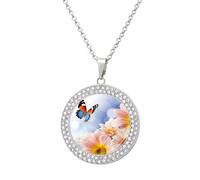 HETVBNS - Flower Butterfly Necklace, Round Alloy Pendant with Diamond, Elegant Pendant Necklace for Women Men, Una talla, Metal, Alloy.