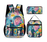 HETVBNS Flower Cartoon Elephant Backpack Set 3 Piece, Durable Backpack Insulated Lunch Bag Portable Pencil Case for Men Women