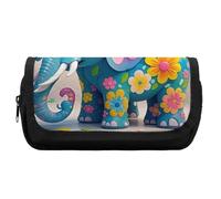 HETVBNS Flower Cartoon Elephant Pencil Case Extra Large, Double Layer Pencil Pouch with Zipper, Portable Cosmetic Bags for Travel, Office Stationery Organizer for Women Men