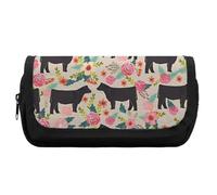 HETVBNS Flower Show Steer Cows Cattle Pencil Case Extra Large, Double Layer Pencil Pouch with Zipper, Portable Cosmetic Bags for Travel, Office Stationery Organizer for Women Men