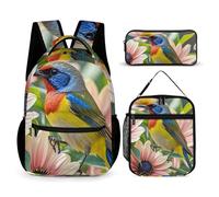 HETVBNS Flowers And Birds Backpack Set 3 Piece, Durable Backpack Insulated Lunch Bag Portable Pencil Case for Men Women
