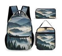 HETVBNS Foggy Mountains Forest Backpack Set 3 Piece, Durable Backpack Insulated Lunch Bag Portable Pencil Case for Men Women