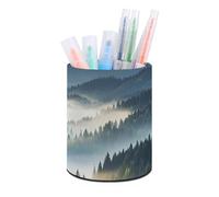 HETVBNS Foggy Mountains Forest Pen Holder for Desk PU Leather Round Desk Organizer Multifunctional Makeup Brush Storage Aesthetic Desktop Supplies Stylish Pencil Holder for Office & Home