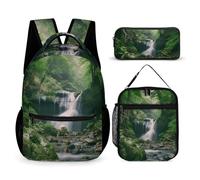 HETVBNS Forests with Waterfalls Trees Backpack Set 3 Piece, Durable Backpack Insulated Lunch Bag Portable Pencil Case for Men Women