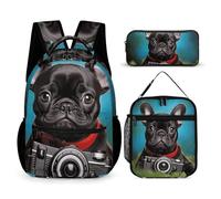 HETVBNS French Bulldog Puppy with Camera Backpack Set 3 Piece, Durable Backpack Insulated Lunch Bag Portable Pencil Case for Men Women