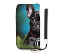 HETVBNS French Bulldog Puppy with Camera Wallet, Elegant Wristlet Wallet with Multi-Card Slots, PU Leather Long Purse for Women, Men