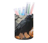 HETVBNS Frightening Halloween Crow Pen Holder for Desk PU Leather Round Desk Organizer Multifunctional Makeup Brush Storage Aesthetic Desktop Supplies Stylish Pencil Holder for Office & Home