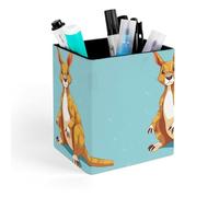 HETVBNS Funny Cartoon Kangaroo Zoo Pen Holder for Desk - PU Leather Square Desk Organizer Travel Makeup Brush Storage Stylish Pencil Holder Desktop Stationery Organizer for Office & Home