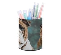 HETVBNS Funny English Bulldog Pen Holder for Desk PU Leather Round Desk Organizer Multifunctional Makeup Brush Storage Aesthetic Desktop Supplies Stylish Pencil Holder for Office & Home