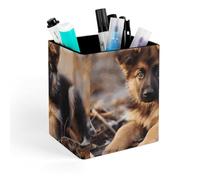 HETVBNS German Shepherd Puppy Pen Holder for Desk - PU Leather Square Desk Organizer Travel Makeup Brush Storage Stylish Pencil Holder Desktop Stationery Organizer for Office & Home