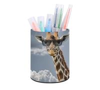 HETVBNS Giraffe Wearing Sunglasses Pen Holder for Desk PU Leather Round Desk Organizer Multifunctional Makeup Brush Storage Aesthetic Desktop Supplies Stylish Pencil Holder for Office & Home