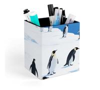 HETVBNS Glacier Penguins Pen Holder for Desk - PU Leather Square Desk Organizer Travel Makeup Brush Storage Stylish Pencil Holder Desktop Stationery Organizer for Office & Home