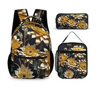 HETVBNS Gold Flowers on Black Backpack Set 3 Piece, Durable Backpack Insulated Lunch Bag Portable Pencil Case for Men Women