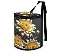 HETVBNS Gold Flowers on Black Car Trash Can with Lid, Leakproof Hanging Automotive Trash Bin, Waterproof Garbage Storage Bag for Vehicles, RV, Bathroom, Office