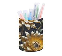 HETVBNS Gold Flowers on Black Pen Holder for Desk PU Leather Round Desk Organizer Multifunctional Makeup Brush Storage Aesthetic Desktop Supplies Stylish Pencil Holder for Office & Home
