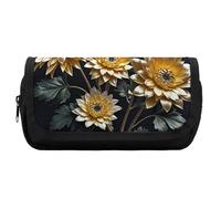 HETVBNS Gold Flowers on Black Pencil Case Extra Large, Double Layer Pencil Pouch with Zipper, Portable Cosmetic Bags for Travel, Office Stationery Organizer for Women Men