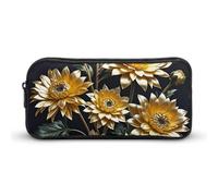 HETVBNS Gold Flowers on Black Pencil Case Large Capacity Zipper Pouch, Durable Pencil Box Organizer, Portable Small Cosmetic Bag for Office, Travel