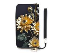 HETVBNS Gold Flowers on Black Wallet, Elegant Wristlet Wallet with Multi-Card Slots, PU Leather Long Purse for Women, Men