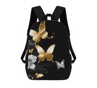 HETVBNS Gold White Butterflies Black Backpack for Women Men, Durable 600D Polyester Bookbag with Large Capacity, Lightweight 17 Inch Laptop Backpack Minimalism Casual Daypack for Work, Travel