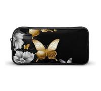 HETVBNS Gold White Butterflies Black Pencil Case Large Capacity, Durable Pencil Pouch Portable Small Cosmetic Bag with Metal Zipper, Simple Makeup Pouch Aesthetic Toiletry Bag for Travel Office