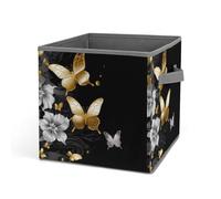 HETVBNS Gold White Butterflies Black Storage Bins 10.6 Inch, Oxford Fabric Foldable Storage Cube Organizer Basket with Handles, Fabric Bins for Closet Shelves, Toys, Clothes, Books, Bedroom