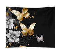 HETVBNS Gold White Butterflies Black Tapestry Wall Hanging - 50"x60" Aesthetic Tapestries Soft Polyester Wall Art Decor Large Tapestry for Bedroom Living Room Dorm Backdrop, Hanging Kit Included