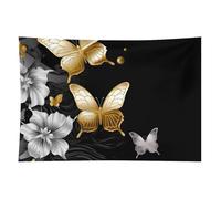 HETVBNS Gold White Butterflies Black Tapestry Wall Hanging - 60"x90" Aesthetic Tapestries Soft Polyester Wall Art Decor Large Tapestry for Bedroom Living Room Dorm Backdrop, Hanging Kit Included