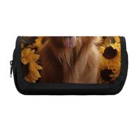 HETVBNS Golden Retriever Sunflower Pencil Case Extra Large, Double Layer Pencil Pouch with Zipper, Portable Cosmetic Bags for Travel, Office Stationery Organizer for Women Men
