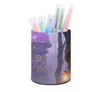 HETVBNS Gothic Fog Forest Pen Holder for Desk PU Leather Round Desk Organizer Multifunctional Makeup Brush Storage Aesthetic Desktop Supplies Stylish Pencil Holder for Office & Home