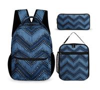 HETVBNS Gradient Blue Denim Backpack Set 3 Piece, Durable Backpack Insulated Lunch Bag Portable Pencil Case for Men Women