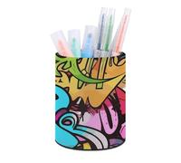 HETVBNS Graffiti Drawing Pen Holder for Desk PU Leather Round Desk Organizer Multifunctional Makeup Brush Storage Aesthetic Desktop Supplies Stylish Pencil Holder for Office & Home