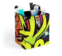 HETVBNS Graffiti Drawing Pen Holder for Desk - PU Leather Square Desk Organizer Travel Makeup Brush Storage Stylish Pencil Holder Desktop Stationery Organizer for Office & Home