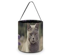 HETVBNS Gray Cat in Flower Field Candy Bag Halloween Trick Or Treat Bucket 7.9x8.3in, Reusable Gift Bags for Party Holiday Wedding