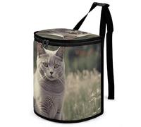 HETVBNS Gray Cat in Flower Field Car Trash Can with Lid, Leakproof Hanging Automotive Trash Bin, Waterproof Garbage Storage Bag for Vehicles, RV, Bathroom, Office