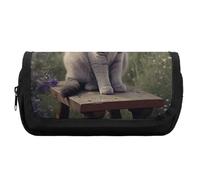 HETVBNS Gray Cat in Flower Field Pencil Case Extra Large, Double Layer Pencil Pouch with Zipper, Portable Cosmetic Bags for Travel, Office Stationery Organizer for Women Men