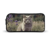 HETVBNS Gray Cat in Flower Field Pencil Case Large Capacity, Durable Pencil Pouch Portable Small Cosmetic Bag with Metal Zipper, Simple Makeup Pouch Aesthetic Toiletry Bag for Travel Office
