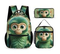 HETVBNS Green Clever Monkey Backpack Set 3 Piece, Durable Backpack Insulated Lunch Bag Portable Pencil Case for Men Women