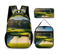 HETVBNS Green Golf Course Backpack Set 3 Piece, Durable Backpack Insulated Lunch Bag Portable Pencil Case for Men Women