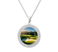 HETVBNS - Green Golf Course Necklace, Alloy Round Pendant with Diamond, Elegant Pendant Necklace for Women Men, Una talla, Metal, Alloy.