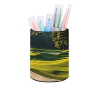 HETVBNS Green Golf Course Pen Holder for Desk PU Leather Round Desk Organizer Multifunctional Makeup Brush Storage Aesthetic Desktop Supplies Stylish Pencil Holder for Office & Home
