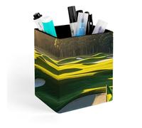 HETVBNS Green Golf Course Pen Holder for Desk - PU Leather Square Desk Organizer Travel Makeup Brush Storage Stylish Pencil Holder Desktop Stationery Organizer for Office & Home