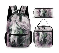 HETVBNS Green Horse Backpack Set 3 Piece, Durable Backpack Insulated Lunch Bag Portable Pencil Case for Men Women