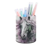 HETVBNS Green Horse Pen Holder for Desk PU Leather Round Desk Organizer Multifunctional Makeup Brush Storage Aesthetic Desktop Supplies Stylish Pencil Holder for Office & Home